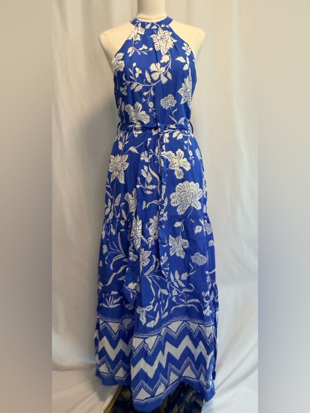 Dizzy Lizzy Royal Blue & White Halter Floral Maxi Dress Coastal Sundress NWOT